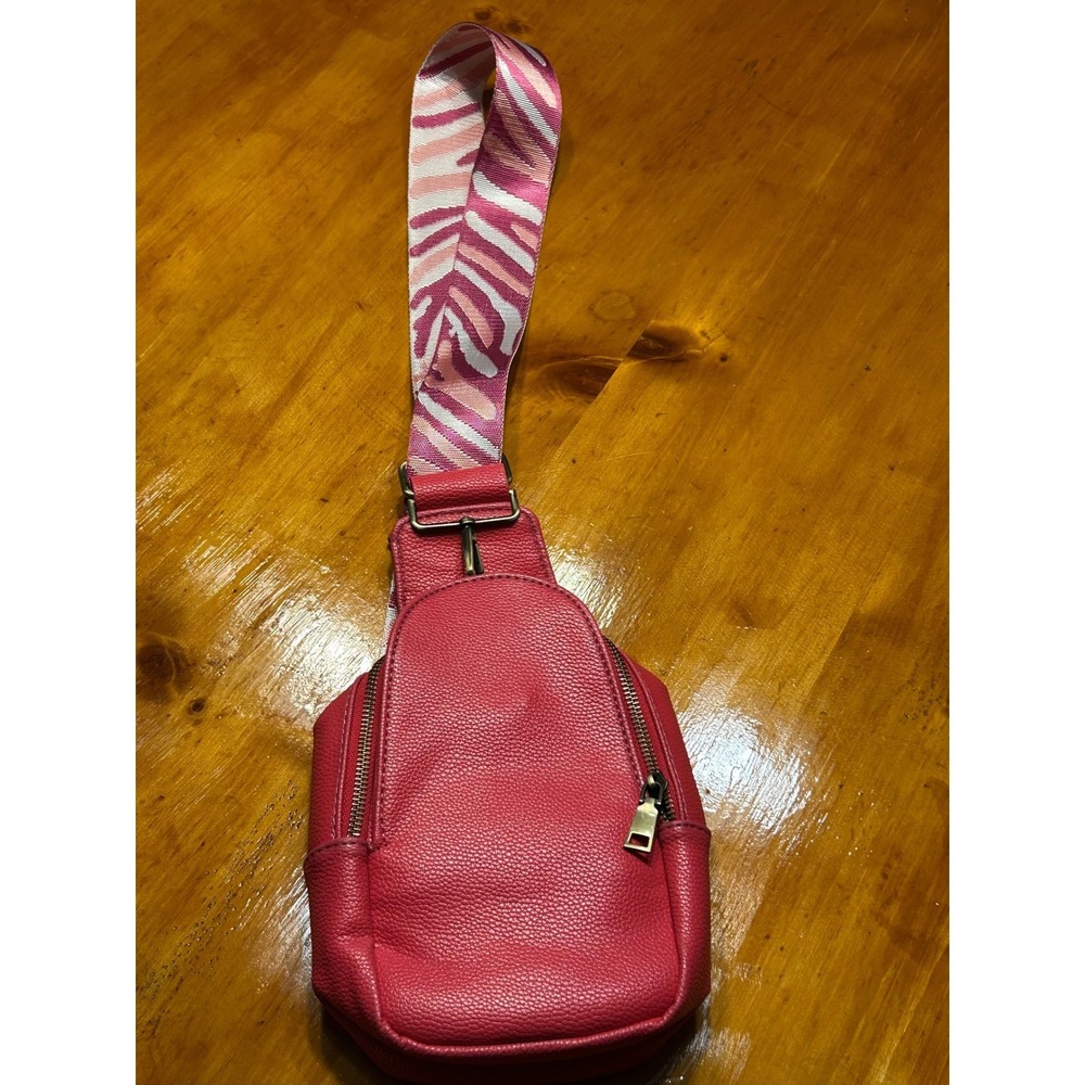 Pink Pebbled Vegan Leather Sling‎ Bag Zebra Guitar Strap Crossbody Backpack Y2K